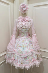 White/Pink Sleeveless Flower Wall Print Ruffle Bowknot Lace Sweet Lolita Jsk Dress - Product - 11
