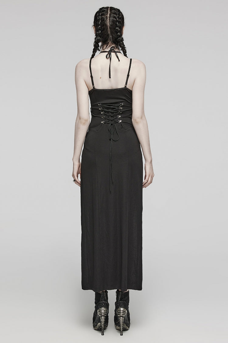 Black Halterneck Lace-Up Ripped Side Slit Women's Punk Dress - Product - 3