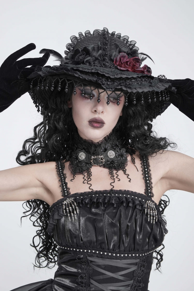 Black Lace Women's Gothic Floral Tassels Neckwear - Black - 1