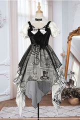 Black Fake Two Pieces Vintage Printed Irregular Hem Classic Lolita Dress - Product - 6