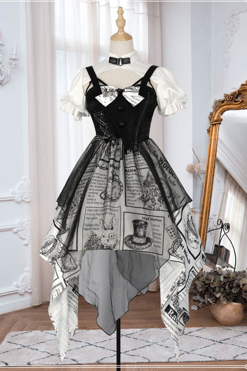 Black Fake Two Pieces Vintage Printed Irregular Hem Classic Lolita Dress - Product - 6