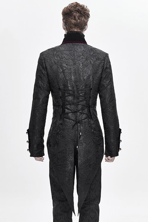 Black Jacquard Floral Pattern Velveteen Swallowtail Mens Gothic Coat - Product - 3