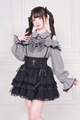 Jirai Kei Off Shoulder Long Sleeves Print Bowknot Lace-Up Sweet Japanese Blouse 3 Colors - Plaid-Print - 2