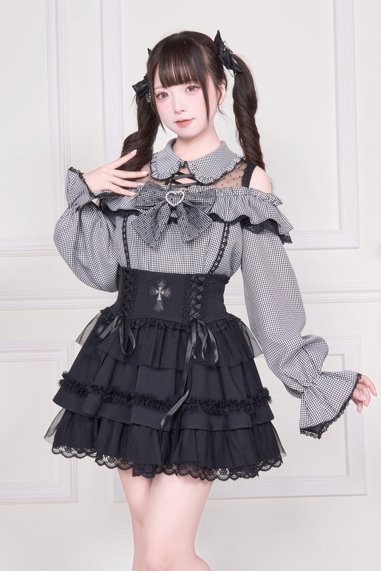Jirai Kei Off Shoulder Long Sleeves Print Bowknot Lace-Up Sweet Japanese Blouse 3 Colors - Plaid-Print - 2