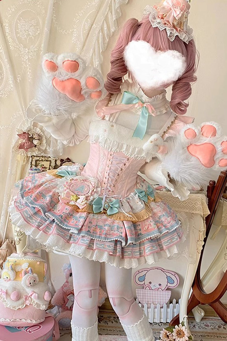 Pink [Candy House] Multi-Layered Print Ruffle Bowknot Lace-Up Sweet Ballet Lolita Jsk Dress - Product - 2