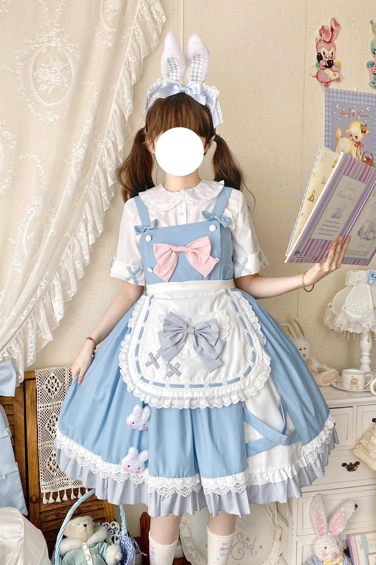Blue [Picnic Rabbit] Ruffle Bowknot Lace Daily Sweet Lolita Jsk Dress Set - Blue - 1
