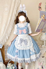 Blue [Picnic Rabbit] Ruffle Bowknot Lace Daily Sweet Lolita Jsk Dress Set - Blue - 1