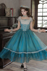 Blue/Green [Water Lily] Square Collar Ruffled Lace-Up Sweet Royal Lolita Dress 2 Versions - Product - 16