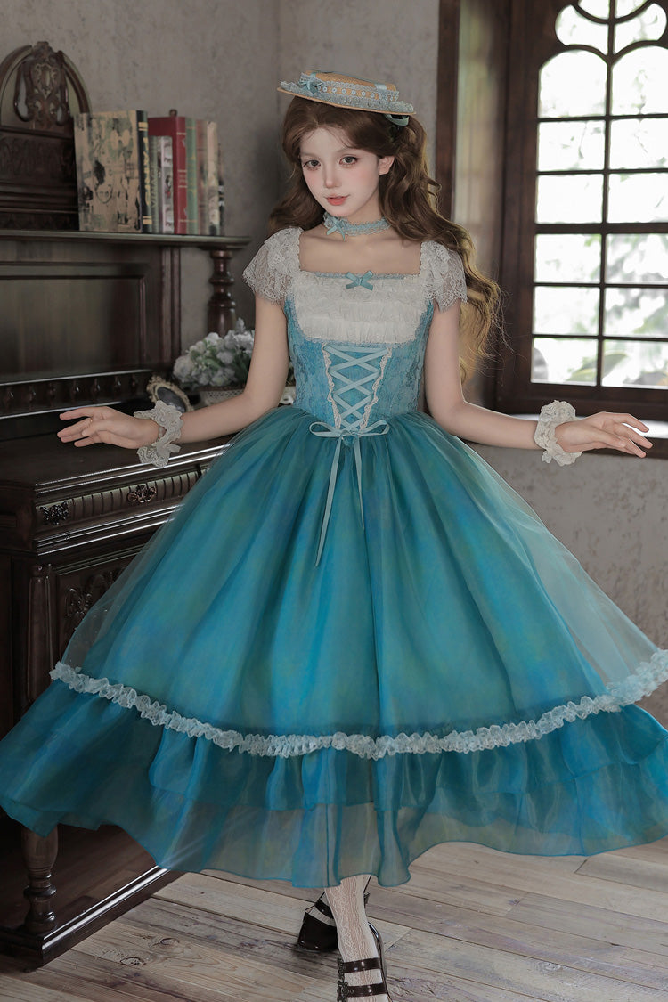 Blue/Green [Water Lily] Square Collar Ruffled Lace-Up Sweet Royal Lolita Dress 2 Versions - Product - 16