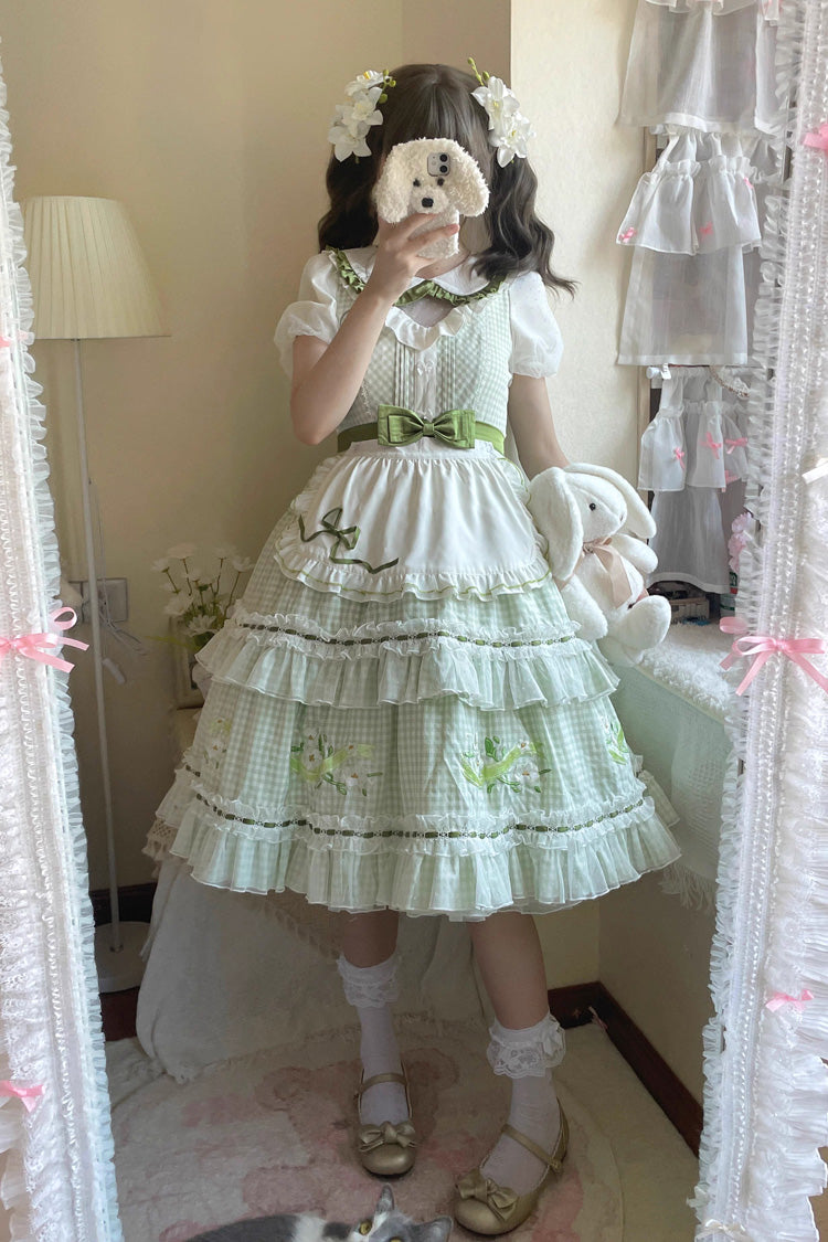 Green Doll Collar Short Sleeves Plaid Print Ruffle Hollow Embroidery Bowknot Sweet Elegant Lolita Dress - Product - 7
