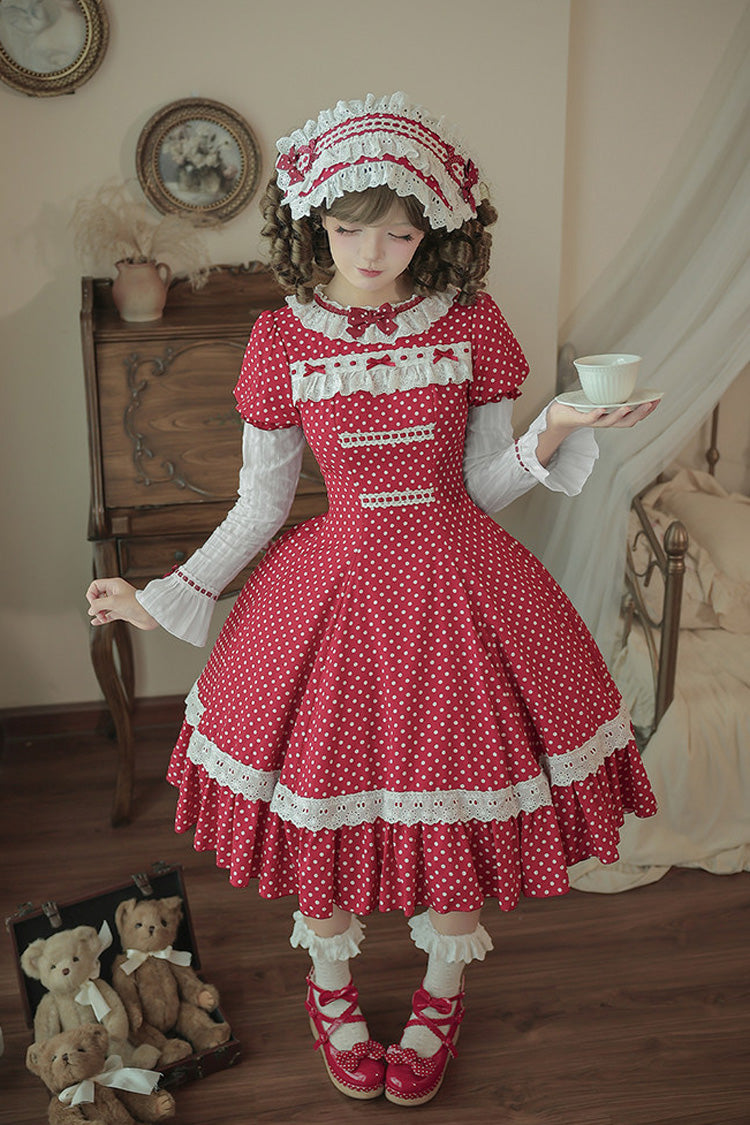 Red [Showa Memoir] Polka Dots Printed Ruffled Bow Sweet Lolita Dress - Product - 22