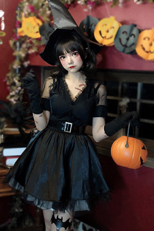 Black V Collar Demon Witch Gothic Lolita Dress Full Set - Product - 3