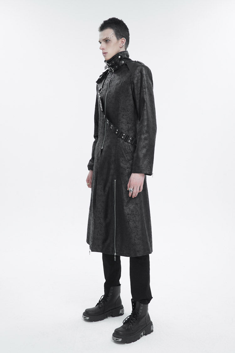 Black Stand Collar With Strap Split At The Hem Long Men's Gothic Coat - Product - 4