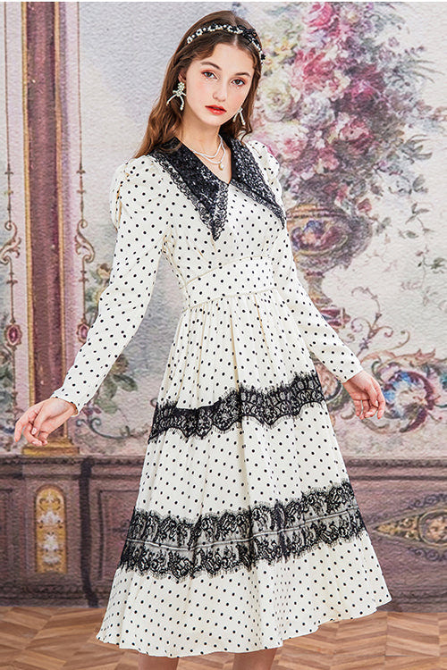 Beige/Black Doll Collar Vintage Lace Patchwork Polka Dot Print Long Sleeves High Waisted Long Sweet Lolita OP Dress - Product - 2