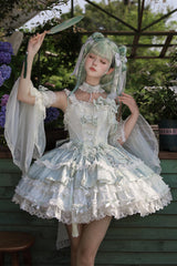 Green [Prelude of Spring Cherry] Square Collar Sleeveless Multi-Layered Jacquard Ruffled Bow Lace Pearl-Decorated Sweet Lolita Jsk Dress - Product - 9