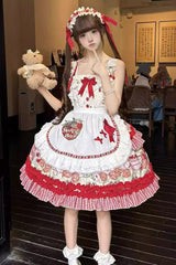 Red [Strawberry Bear] Sleeveless Double-Layered Print Ruffle Bowknot Sweet Princess Lolita Jsk Dress - Product - 3