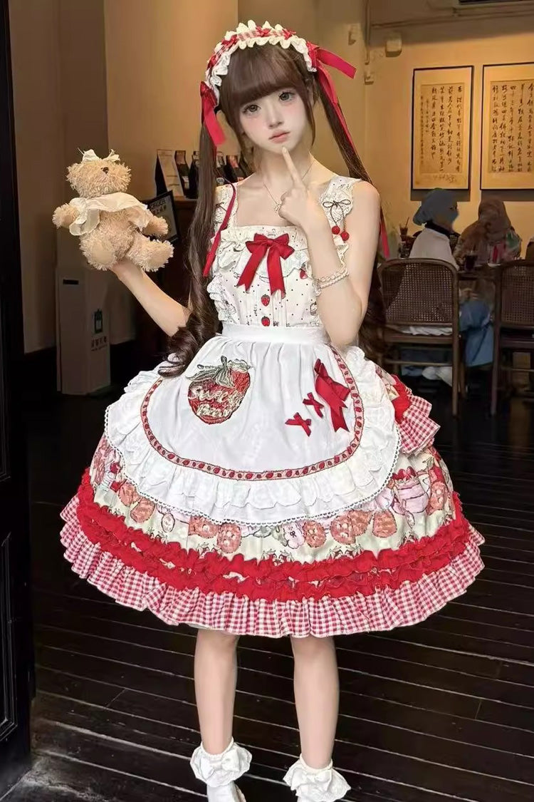 Red [Strawberry Bear] Sleeveless Double-Layered Print Ruffle Bowknot Sweet Princess Lolita Jsk Dress - Product - 3