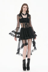 Black Deep-V Ruffled Long Flare Sleeves Sheer Lace Patchwork Lace-Up Women's Gothic Duster - Product - 8