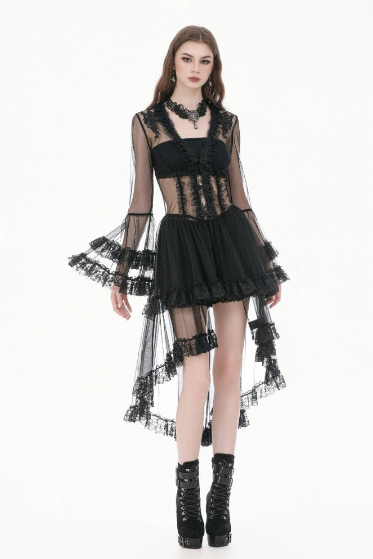 Black Deep-V Ruffled Long Flare Sleeves Sheer Lace Patchwork Lace-Up Women's Gothic Duster - Product - 8