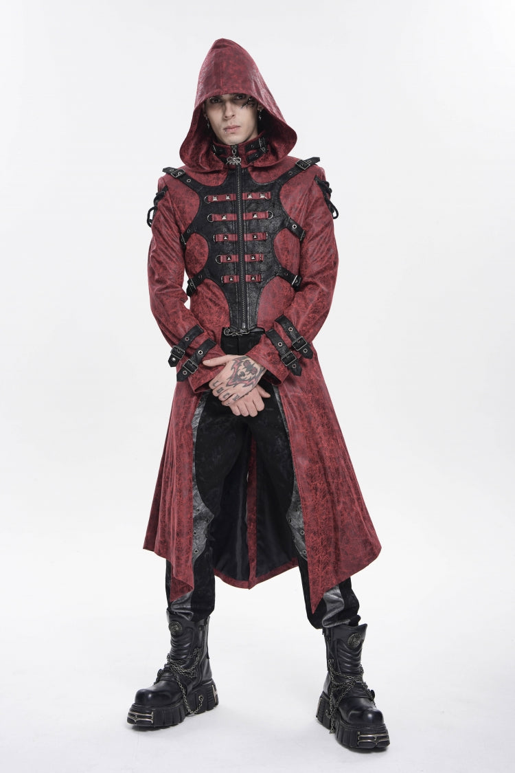 Red Stand Collar Long Sleeves Printed Spliced Studded Buckled Zippered Eyelet Men's Punk Cool Hooded Jacket - Product - 5