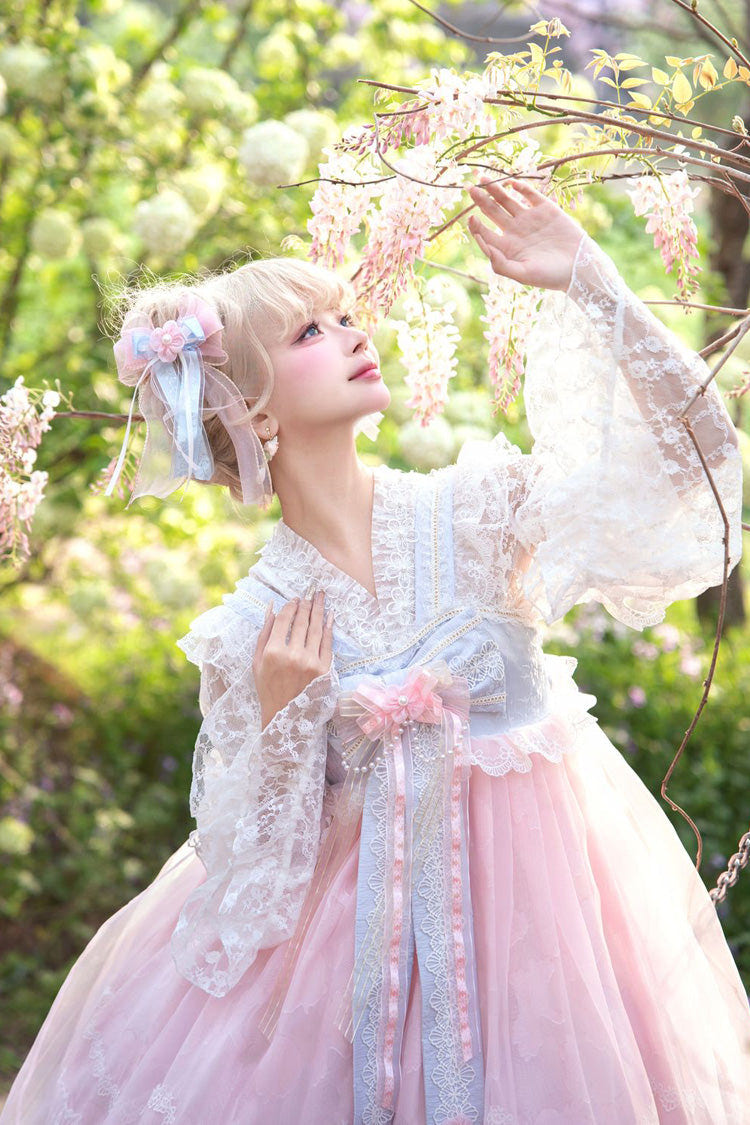 [Peach Blossoms in Spring Fields] Sleeveless Ruffle Bowknot Lace Sweet Chinese Style Lolita Jsk Dress 3 Colors - Product - 14