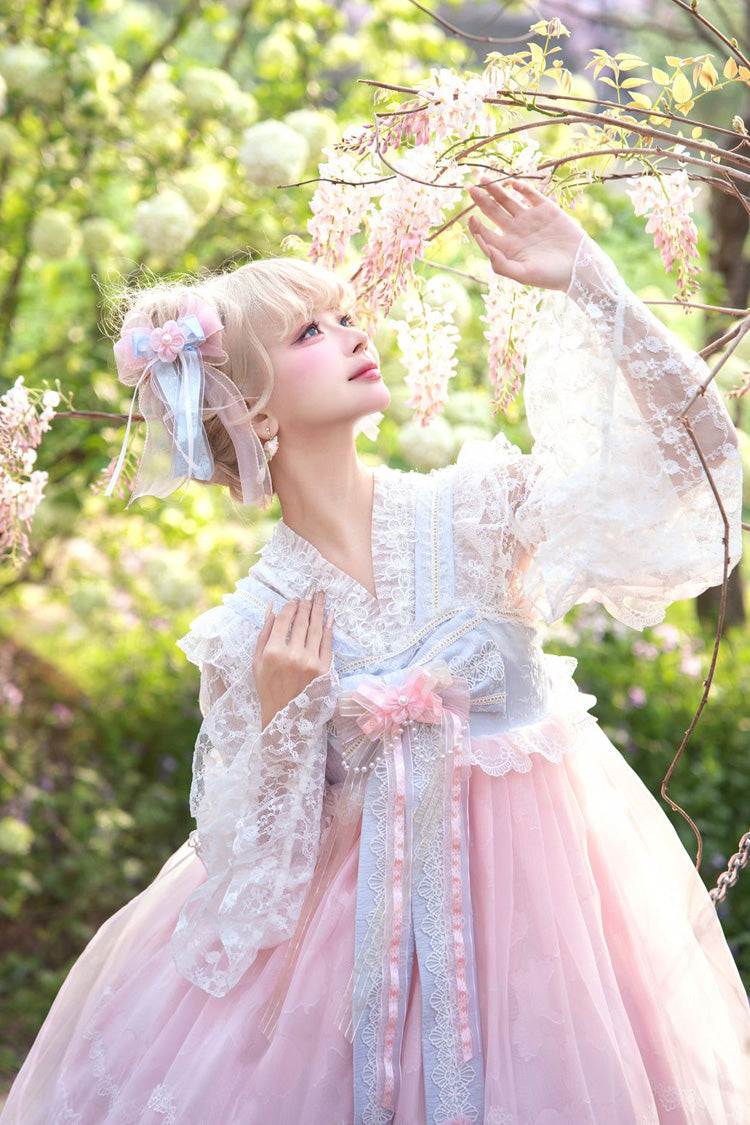 [Peach Blossoms in Spring Fields] Sleeveless Ruffle Bowknot Lace Sweet Chinese Style Lolita Jsk Dress 3 Colors - Product - 14