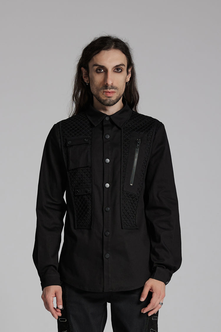 Black Lapel Collar Long Sleeves Zip Mesh Pocket Men's Punk Blouse - Black - 1