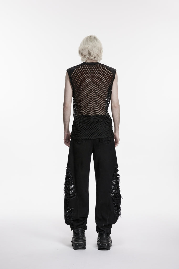 Black Spliced Mesh Ripped Studded Eyelet Men's Punk Cool Vest - Product - 3