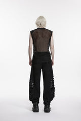 Black Spliced Mesh Ripped Studded Eyelet Men's Punk Cool Vest - Product - 3