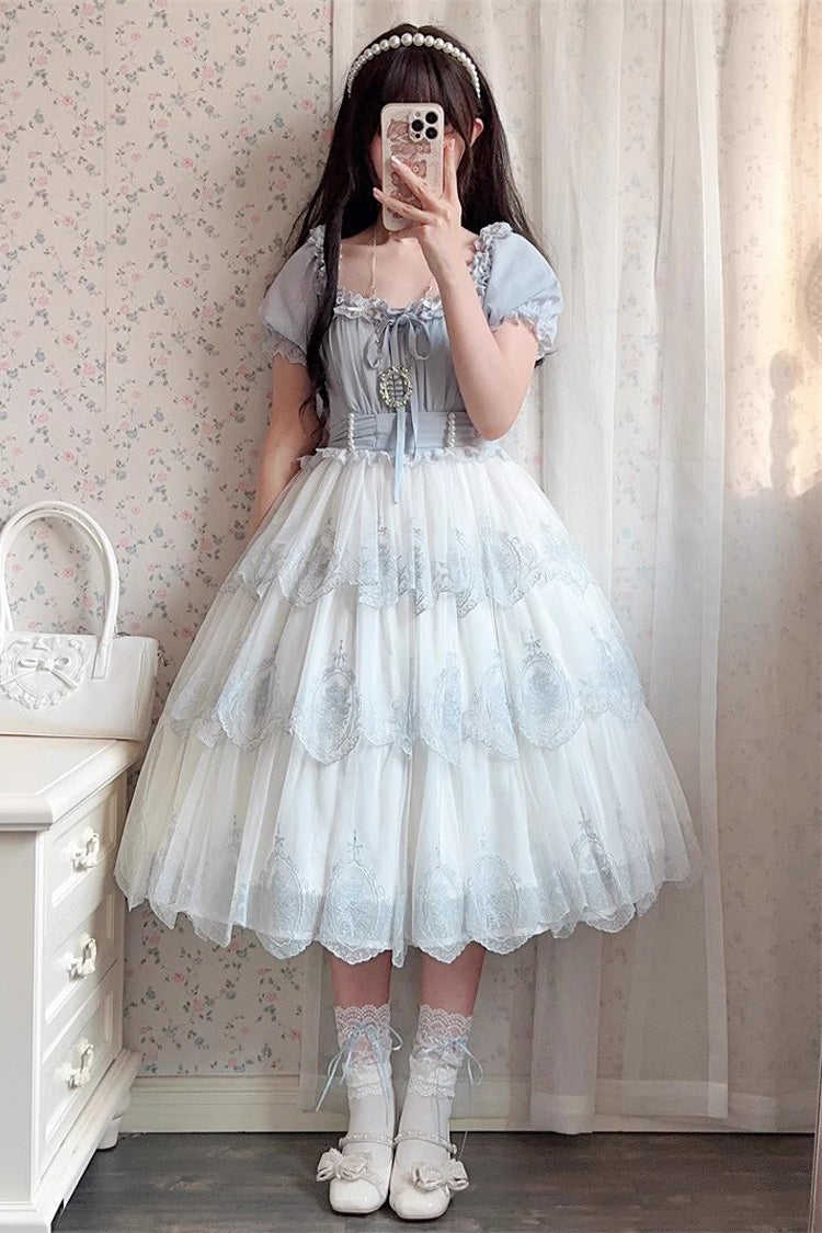 Light Blue Flower Promise Short Sleeves Multi-layer Print Sweet Elegant Princess Lolita Dress - Light-Blue - 1