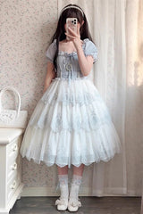 Light Blue Flower Promise Short Sleeves Multi-layer Print Sweet Elegant Princess Lolita Dress - Light-Blue - 1