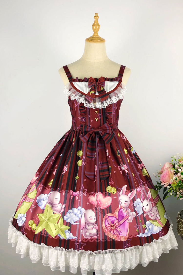 [Bunny Star Paradise] Sleeveless Print Ruffle Bowknot Lace Sweet Lolita Jsk Dress 4 - Red - 4
