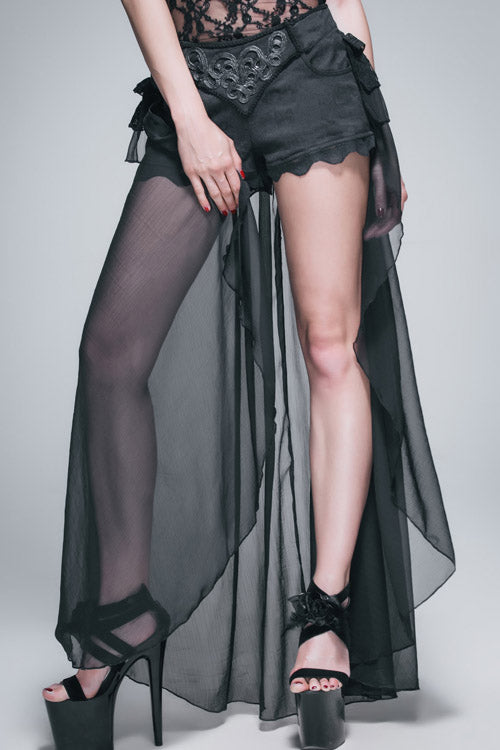 Back Front Buckle Waist Lace Up Chiffon Lace Hem Gothic Short Womens Pants - Product - 2