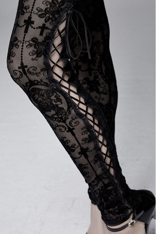 Black Flocking Printing Sexy Elastic Waistband Mesh Gothic Womens Pants - Product - 9