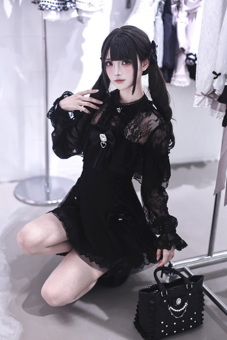 Black [Lace Doll] Round Collar Long Sleeves Ruffled Cut-Out Embroidered Bow Lace Gothic Jirai Kei Japanese Dress - Product - 2