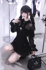 Black [Lace Doll] Round Collar Long Sleeves Ruffled Cut-Out Embroidered Bow Lace Gothic Jirai Kei Japanese Dress - Product - 2