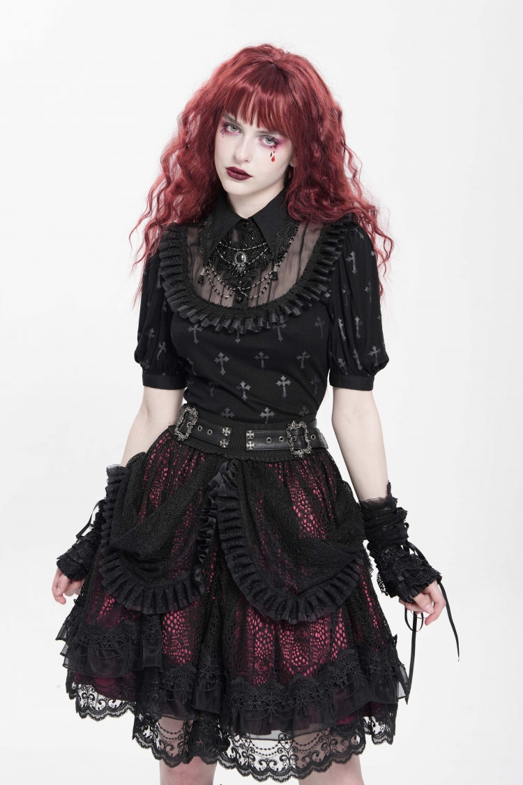 Black/Red Multi-Layered Ruffle Buckle Straps Women's Gothic Skirt - Product - 13