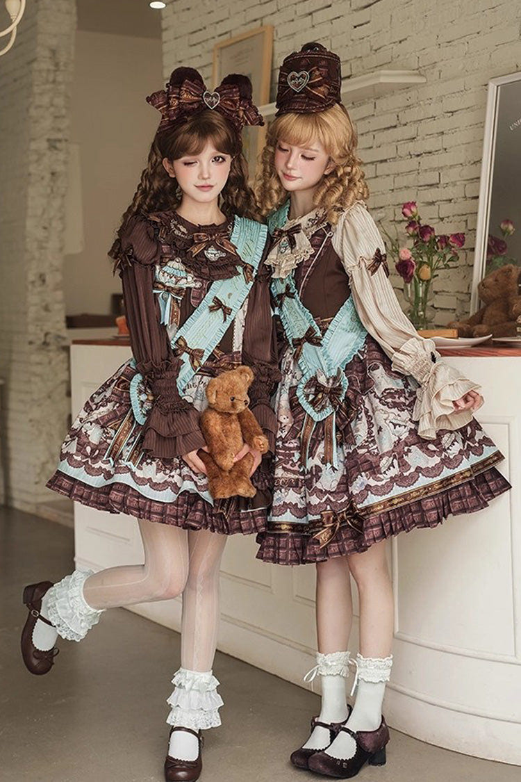 Brown [Teddy Bear Chocolate] Sleeveless Print Ruffle Bowknot Sweet Lolita Jsk Dress - Product - 2