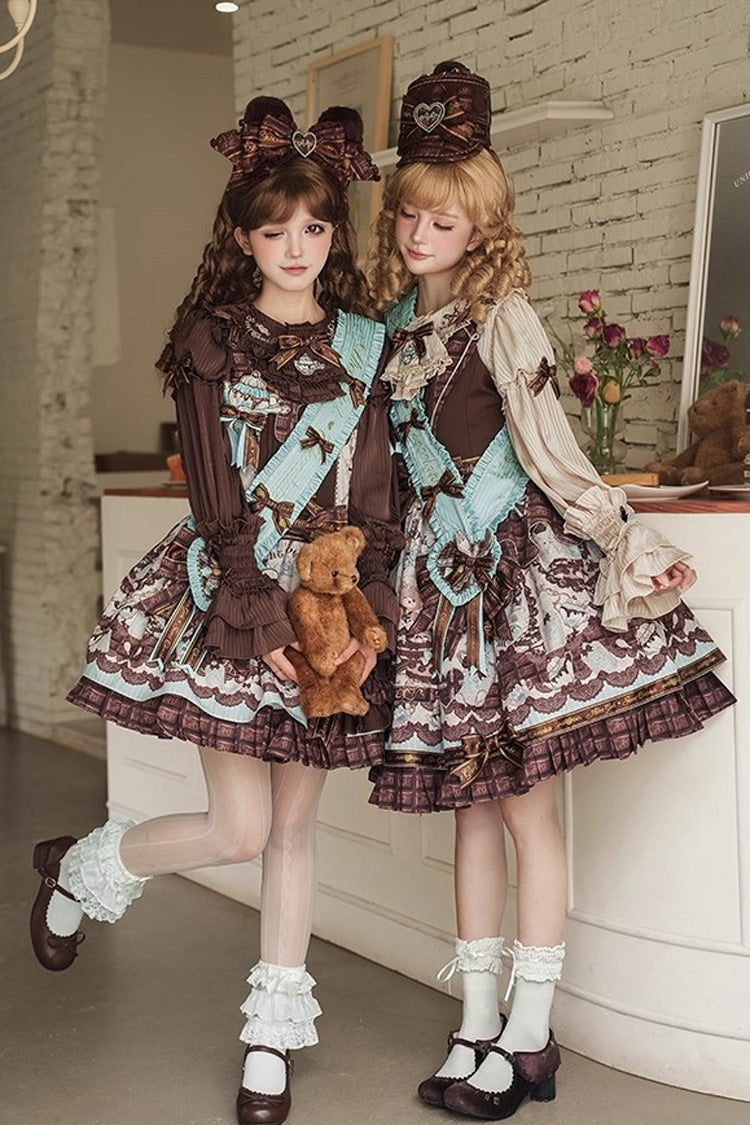 Brown [Teddy Bear Chocolate] Sleeveless Print Ruffle Bowknot Sweet Lolita Jsk Dress - Product - 2