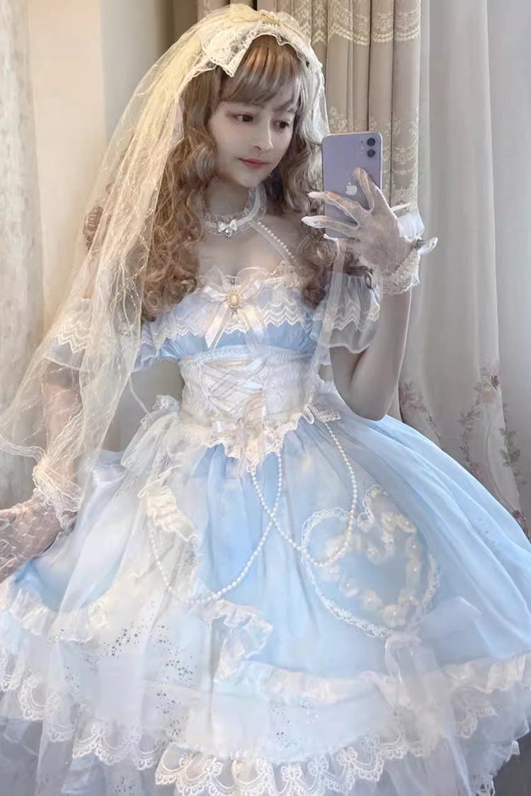 Blue/White [The Little Mermaid] Off Shoulder Halterneck Hanayome Bowknot Mesh Sweet Elegant Princess Lolita Dress - Blue/White - 1