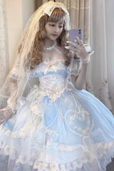 Blue/White [The Little Mermaid] Off Shoulder Halterneck Hanayome Bowknot Mesh Sweet Elegant Princess Lolita Dress - Blue/White - 1