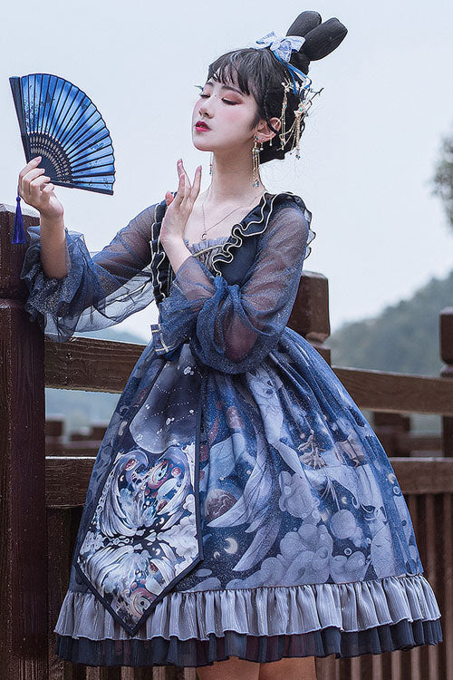 Dark Blue Unicorn Print Long Sleeves High Waisted Ruffled Classic Lolita OP Dress - Product - 3