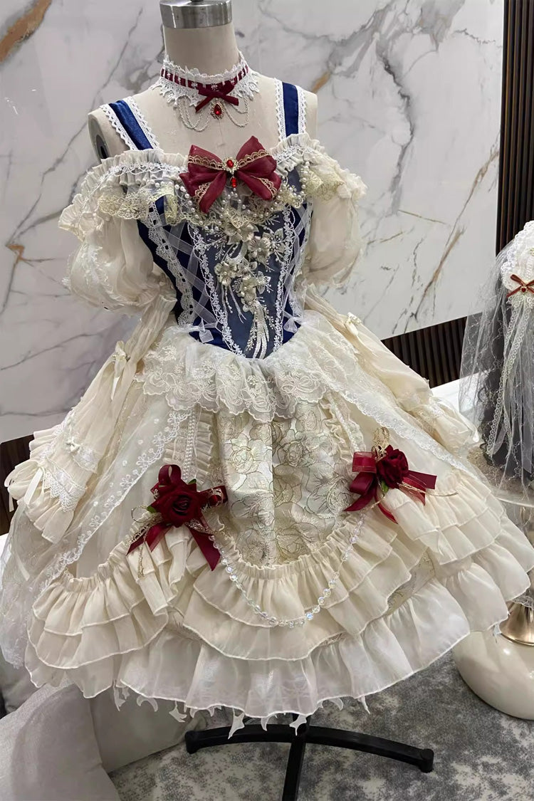 Blue/Ivory Snow White Off Shoulder Ruffle Cardigan Bowknot Lace Sweet Gorgeous Lolita Dress - Product - 2