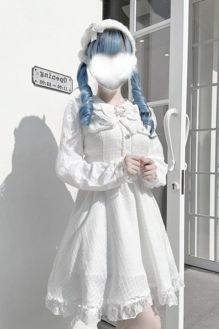 White Long Sleeves Bowknot Lace Pearl Sweet Jirai Kei Dress - Product - 4