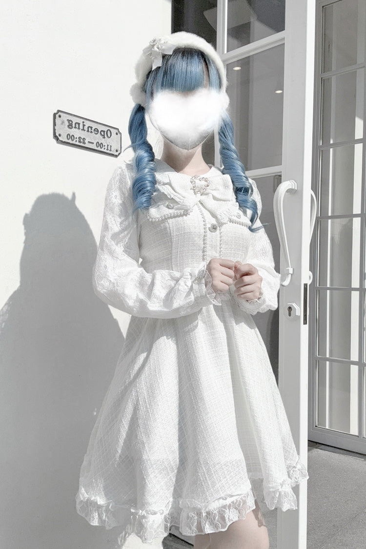 White Long Sleeves Bowknot Lace Pearl Sweet Jirai Kei Dress - Product - 4