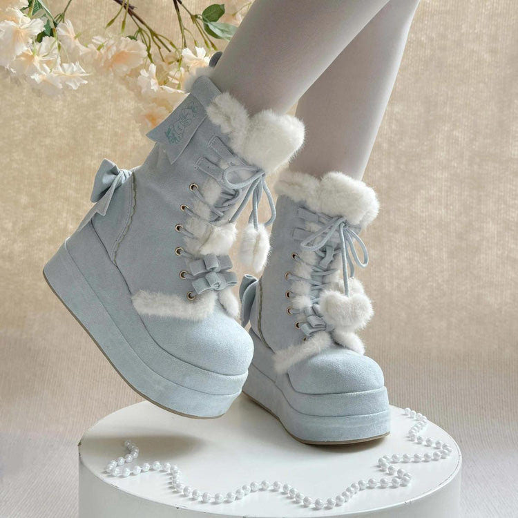 Blue Cute Platform Thick-Soled Bowknot Lace-Up Sweet Lolita Plush Boots - Product - 3