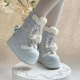 Blue Cute Platform Thick-Soled Bowknot Lace-Up Sweet Lolita Plush Boots - Product - 3