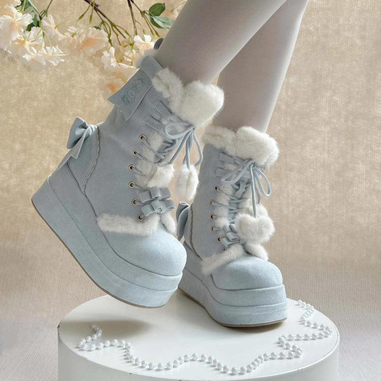 Blue Cute Platform Thick-Soled Bowknot Lace-Up Sweet Lolita Plush Boots - Product - 3