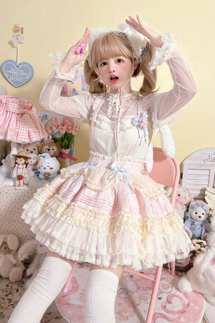 [Grape Crunchies] Sleeveless Multi-Layered Ruffled Bow Lace Sweet Lolita Strap Dress 2 Colors - Product - 3