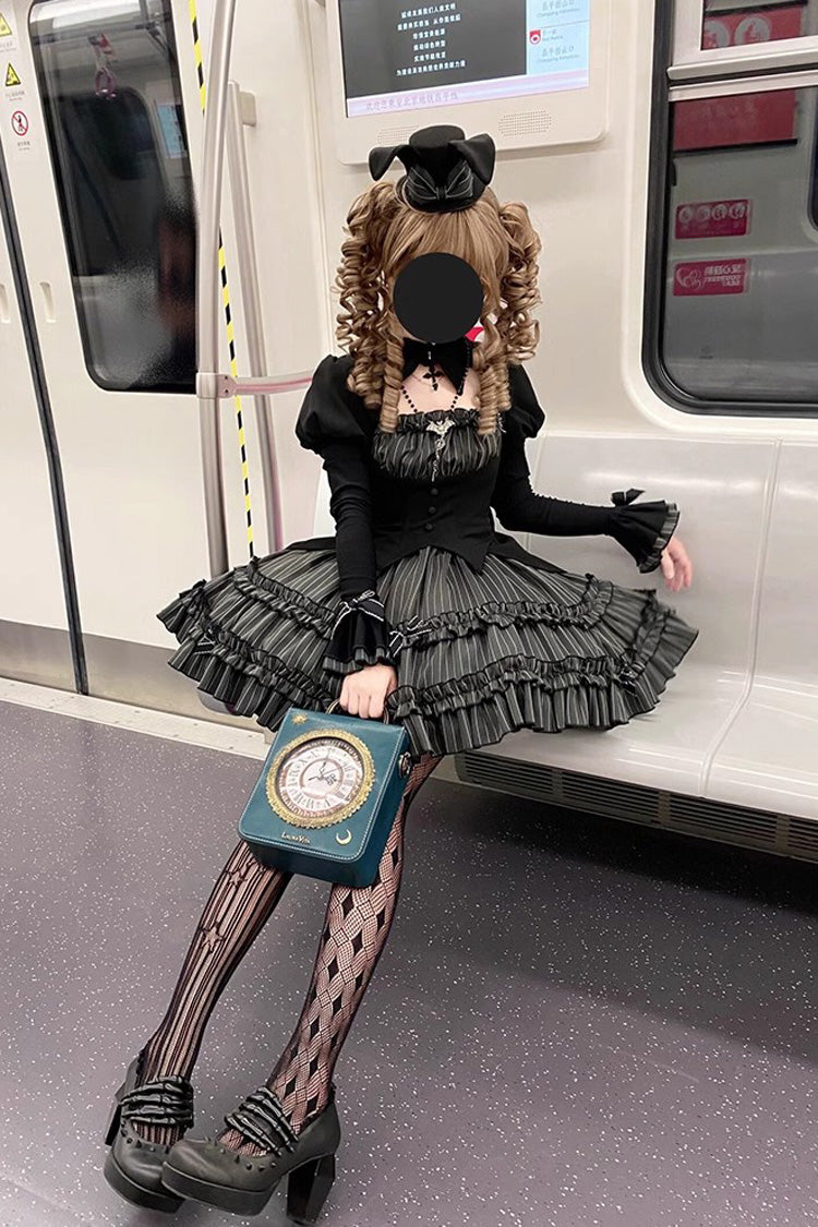 Black [Duke of the Trap Rabbit] Long Sleeves Stripe Print Ruffle Bowknot Lace Gothic Lolita Dress - Product - 9